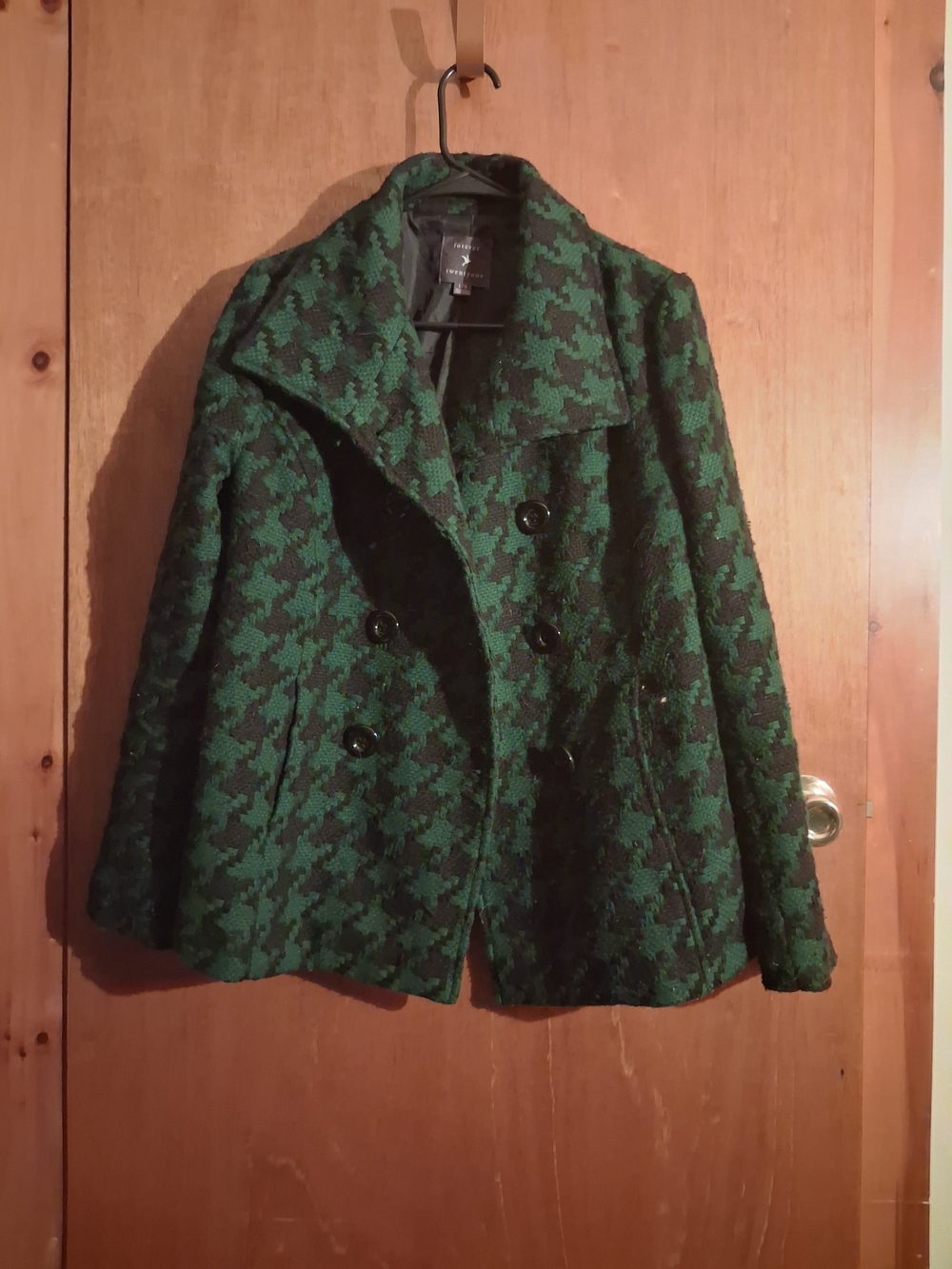 Forever 21 Green and Black Houndstooth Double-Breasted Peacoat